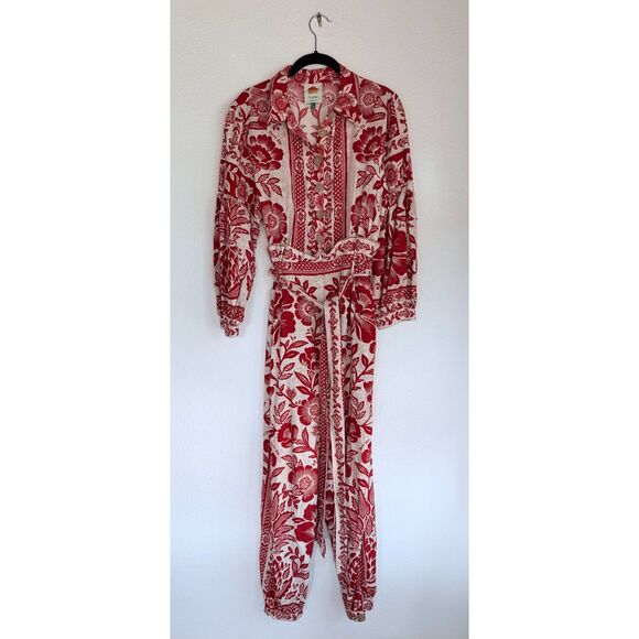 FARM Rio Pineapple Garden Floral-Print Linen-Blend Jumpsuit in Red & White Sz M - Picture 7 of 16